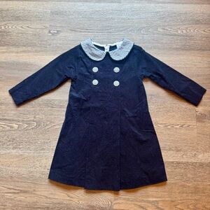 Elegant Navy Corduroy Dress with Checkered Collar & Buttons, 4T